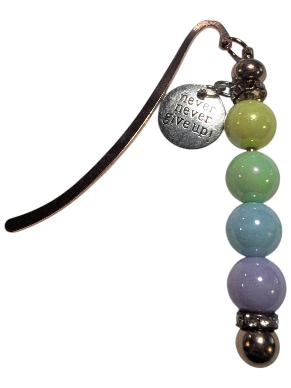 Handcrafted Beaded Bookmark Inspirational Charm Never Give Up Pastel Green